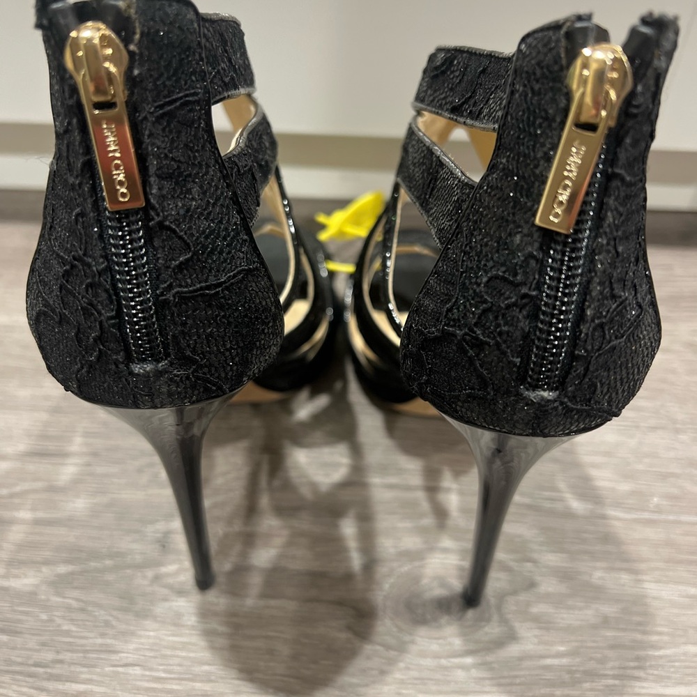JIMMY CHOO Black Glitter Lace Cage Cut Out Heels Sandals Sz 40.5 - Picture 7 of 8
